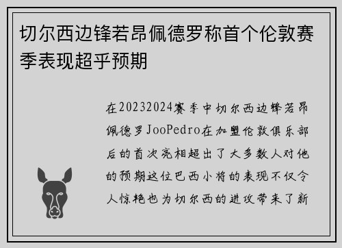 切尔西边锋若昂佩德罗称首个伦敦赛季表现超乎预期